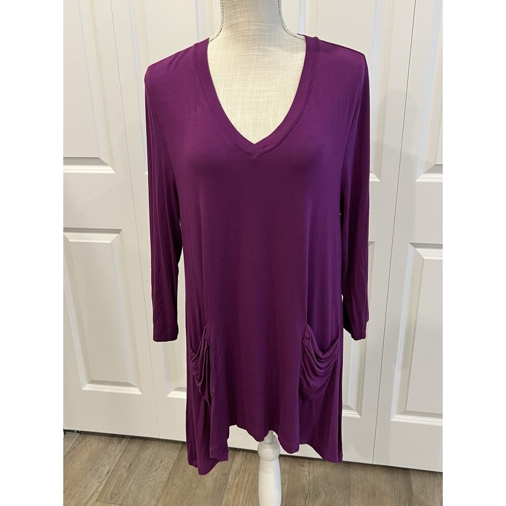 LOGO Lori Goldstein Long Sleeve Purple Tunic Top Asymmetrical Pockets Large
